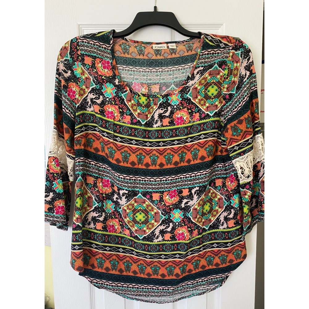 Cato Womens Blouse L Multi Color Aztec Geometric Floral Crochet Lace 3/4 Sleeve